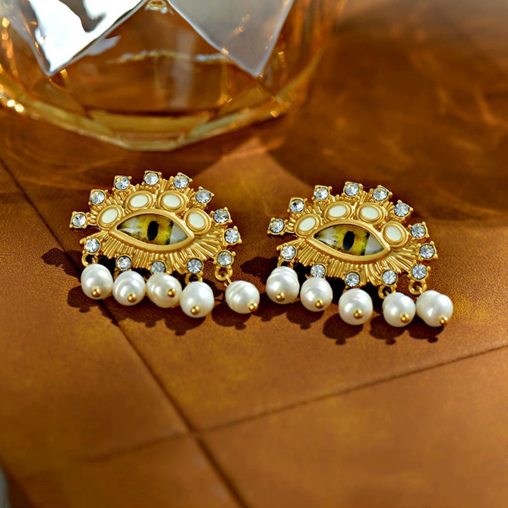 Vintage Evil Eye Baroque Freshwater Pearl Stud Earrings
